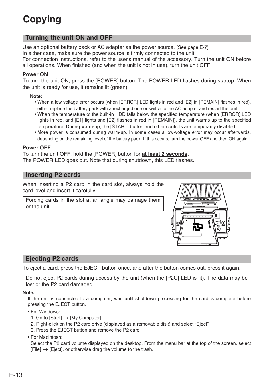 Copying, Turning the unit on and off, Inserting p2 cards | Ejecting p2 cards, E-13, Ejecting p2 cards inserting p2 cards | Panasonic AJ-PCS060G User Manual | Page 14 / 96