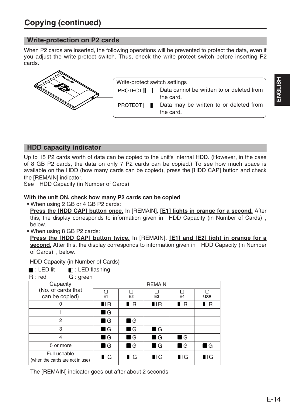 Write-protection on p2 cards, Hdd capacity indicator, Copying (continued) | E-14 | Panasonic AJ-PCS060G User Manual | Page 15 / 96