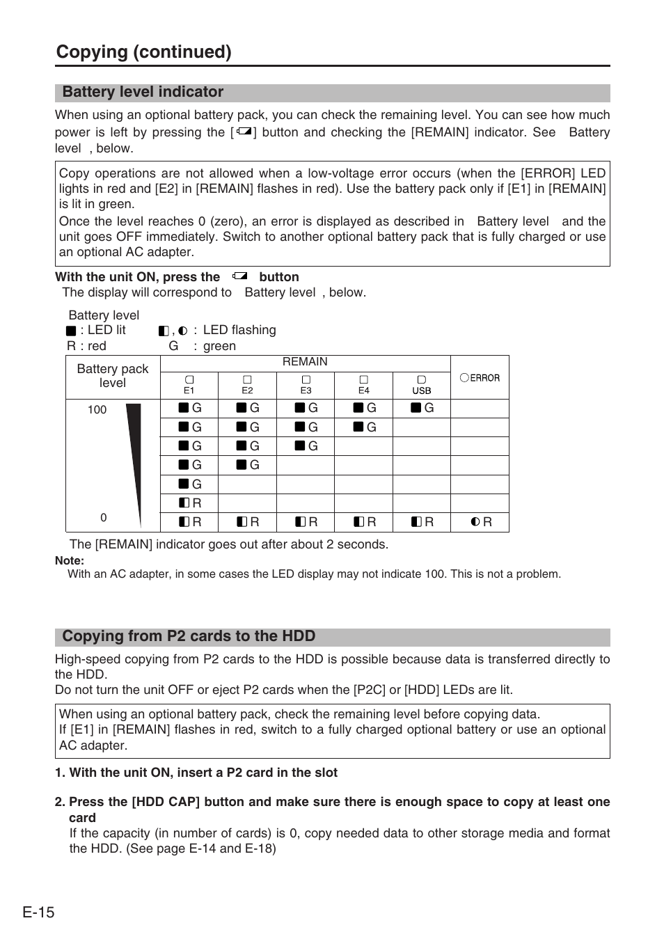 Battery level indicator, Copying from p2 cards to the hdd, Copying (continued) | E-15 | Panasonic AJ-PCS060G User Manual | Page 16 / 96