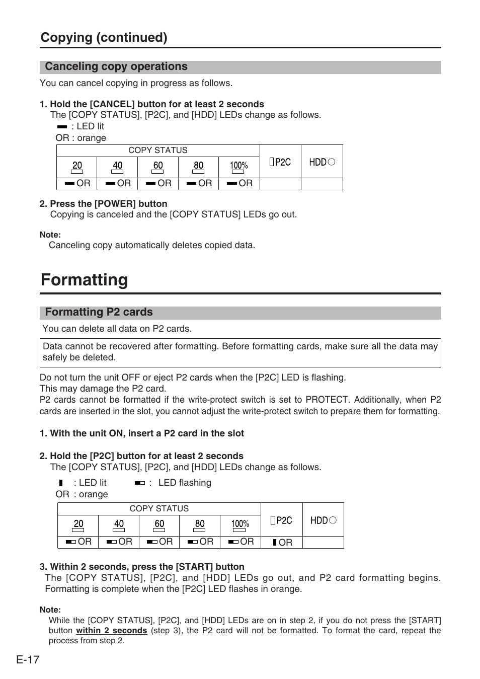 Canceling copy operations, Formatting, Formatting p2 cards | Copying (continued) | Panasonic AJ-PCS060G User Manual | Page 18 / 96