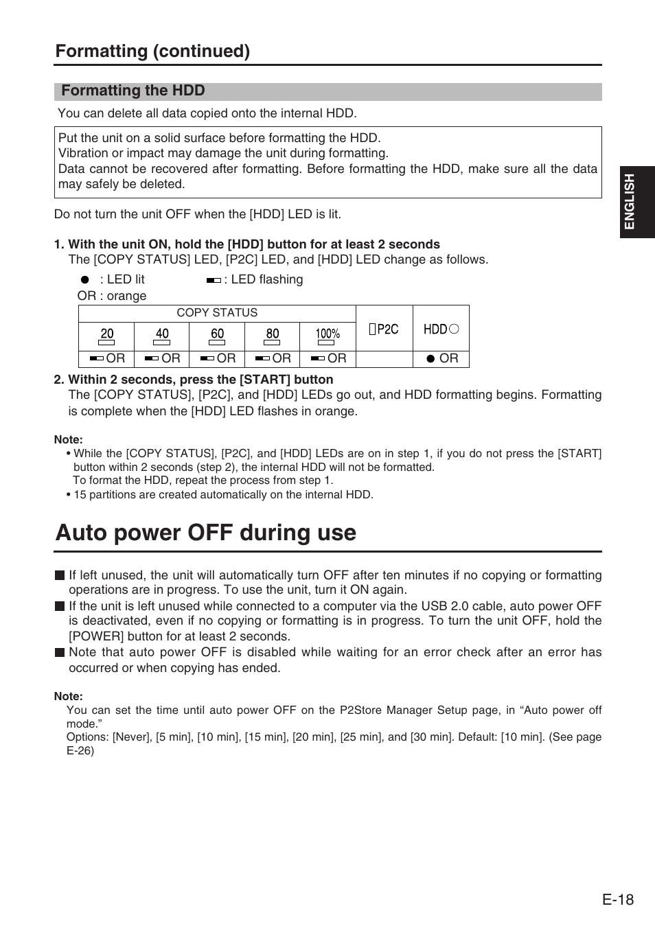 Formatting the hdd, Auto power off during use, Formatting (continued) | E-18 | Panasonic AJ-PCS060G User Manual | Page 19 / 96