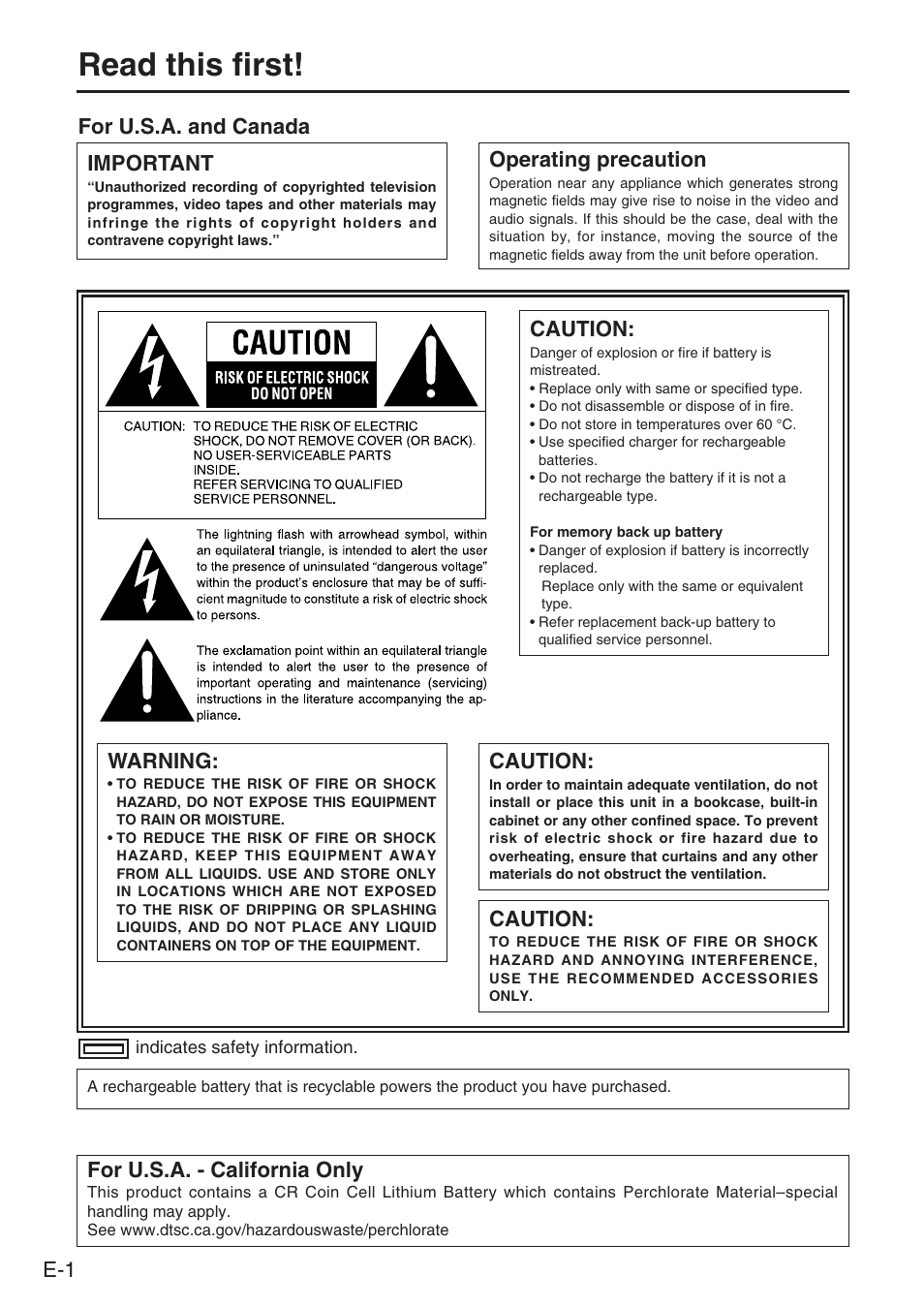 English, Read this first, E-1 important | Caution, Warning, For u.s.a. and canada operating precaution, For u.s.a. - california only | Panasonic AJ-PCS060G User Manual | Page 2 / 96