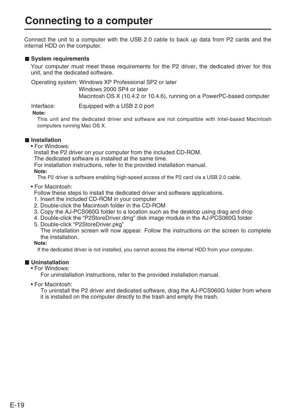 Connecting to a computer, E-19 | Panasonic AJ-PCS060G User Manual | Page 20 / 96