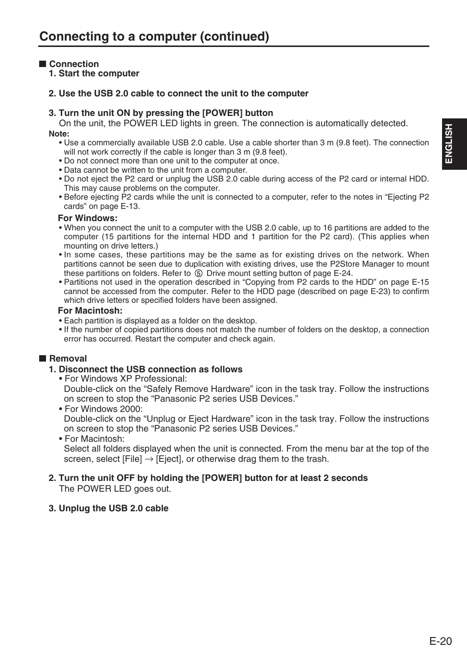 Connecting to a computer (continued), E-20 | Panasonic AJ-PCS060G User Manual | Page 21 / 96