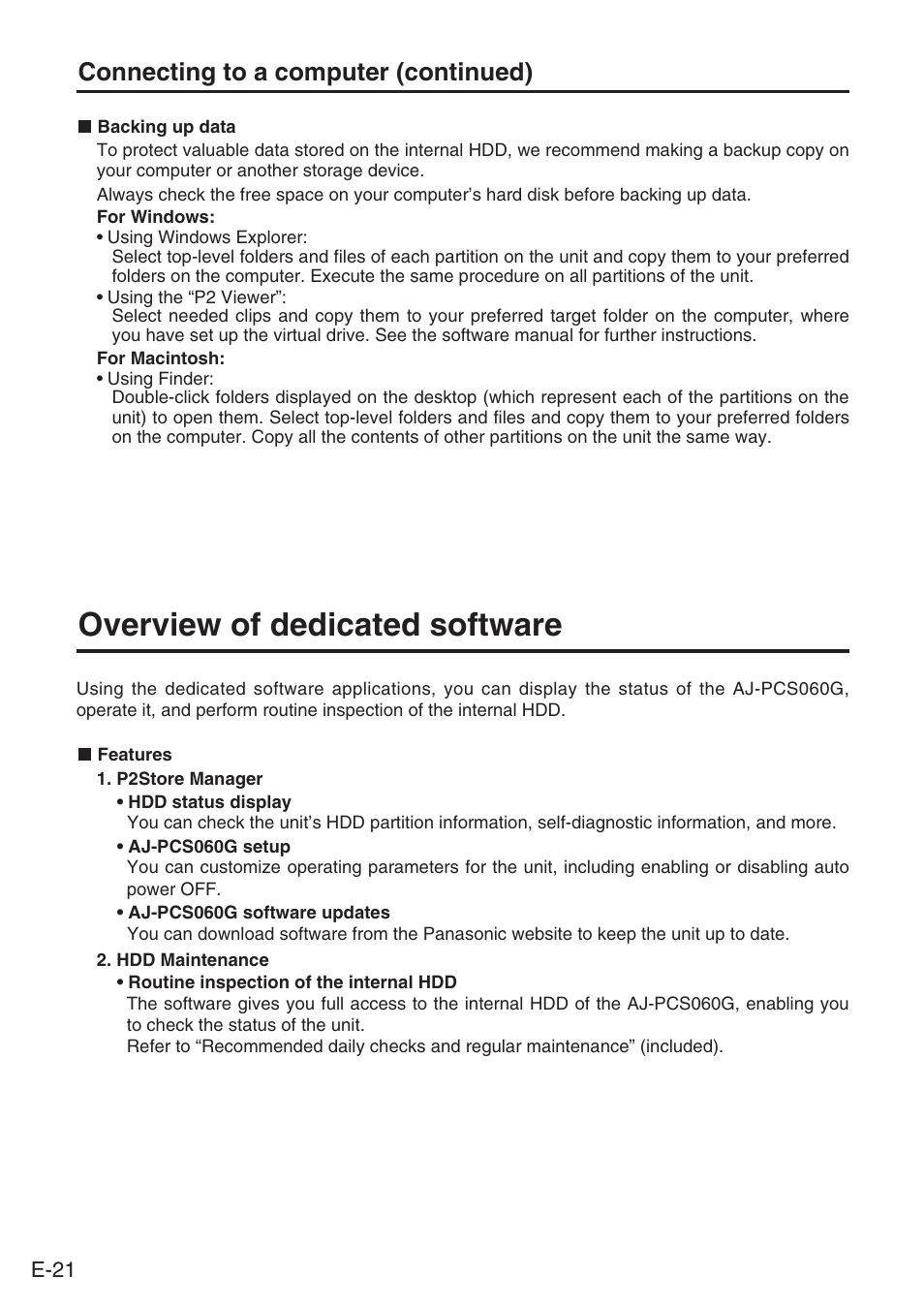 Overview of dedicated software, Connecting to a computer (continued) | Panasonic AJ-PCS060G User Manual | Page 22 / 96