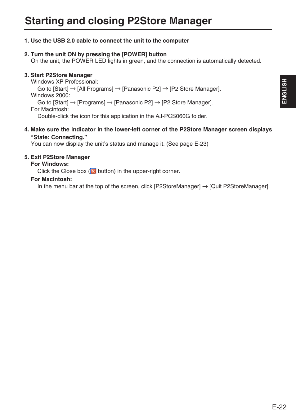 Starting and closing p2store manager | Panasonic AJ-PCS060G User Manual | Page 23 / 96