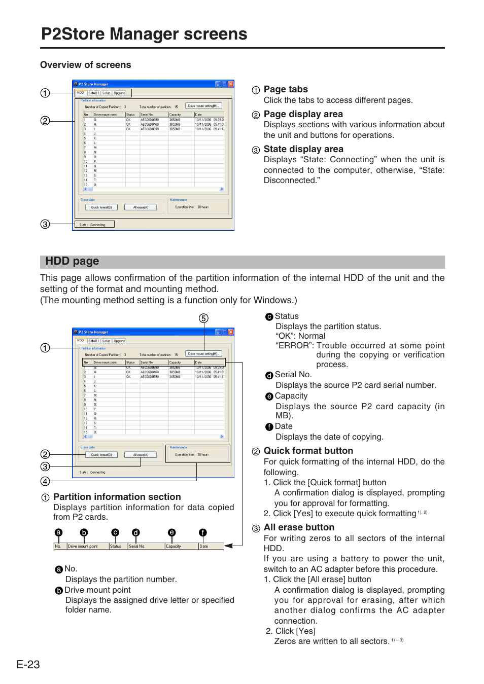 P2store manager screens, E-23, Hdd page | Panasonic AJ-PCS060G User Manual | Page 24 / 96