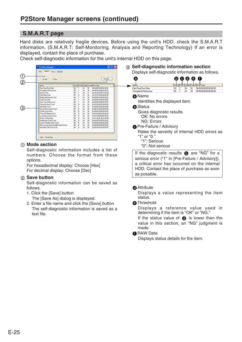 P2store manager screens (continued), E-25, S.m.a.r.t page | Panasonic AJ-PCS060G User Manual | Page 26 / 96