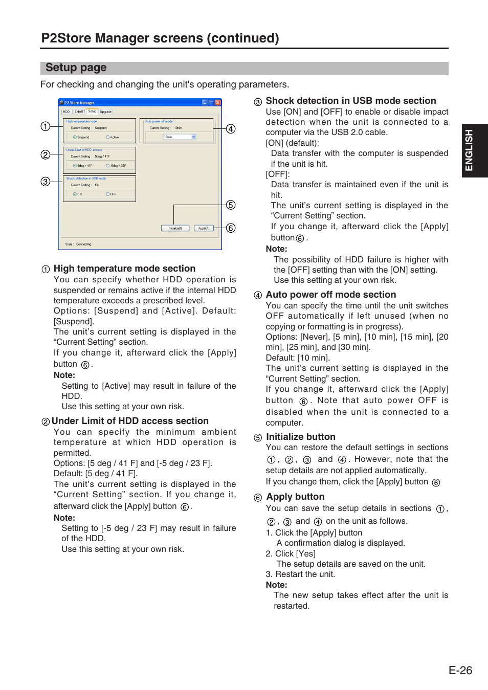 P2store manager screens (continued), E-26, Setup page | Panasonic AJ-PCS060G User Manual | Page 27 / 96