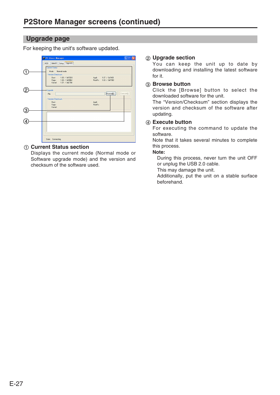 P2store manager screens (continued), E-27, Upgrade page | Panasonic AJ-PCS060G User Manual | Page 28 / 96