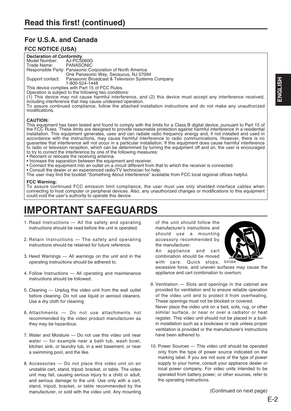 Important safeguards, Read this first! (continued), For u.s.a. and canada | Panasonic AJ-PCS060G User Manual | Page 3 / 96