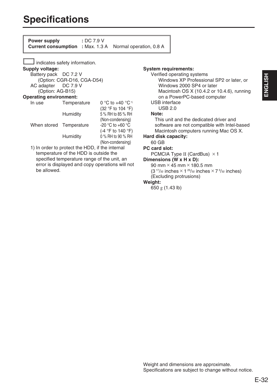 Specifications, E-32 | Panasonic AJ-PCS060G User Manual | Page 33 / 96