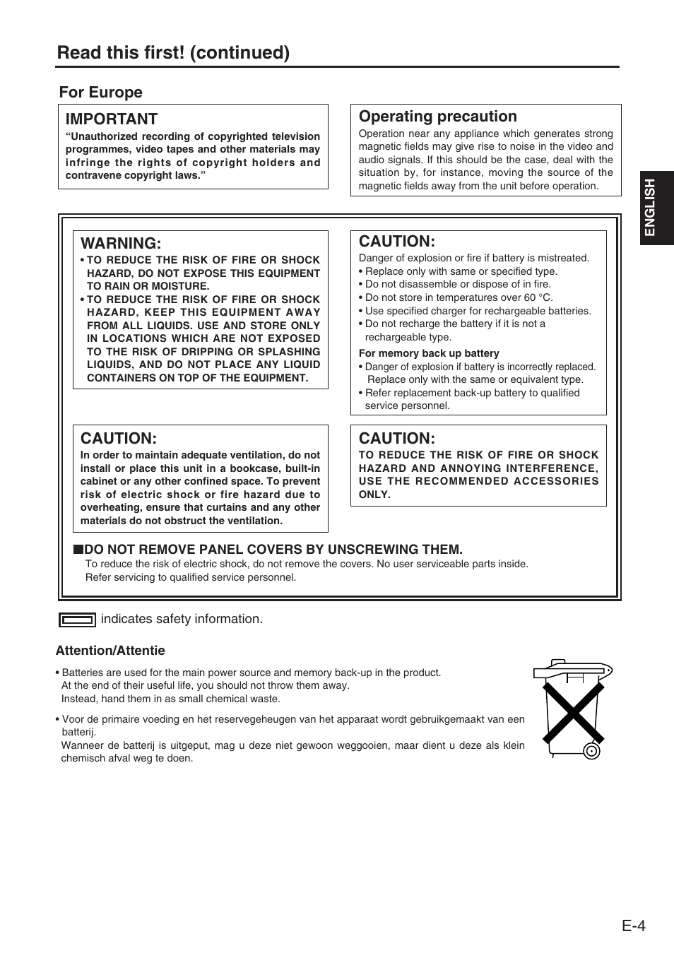 Read this first! (continued), For europe operating precaution, Caution | Warning, Important | Panasonic AJ-PCS060G User Manual | Page 5 / 96