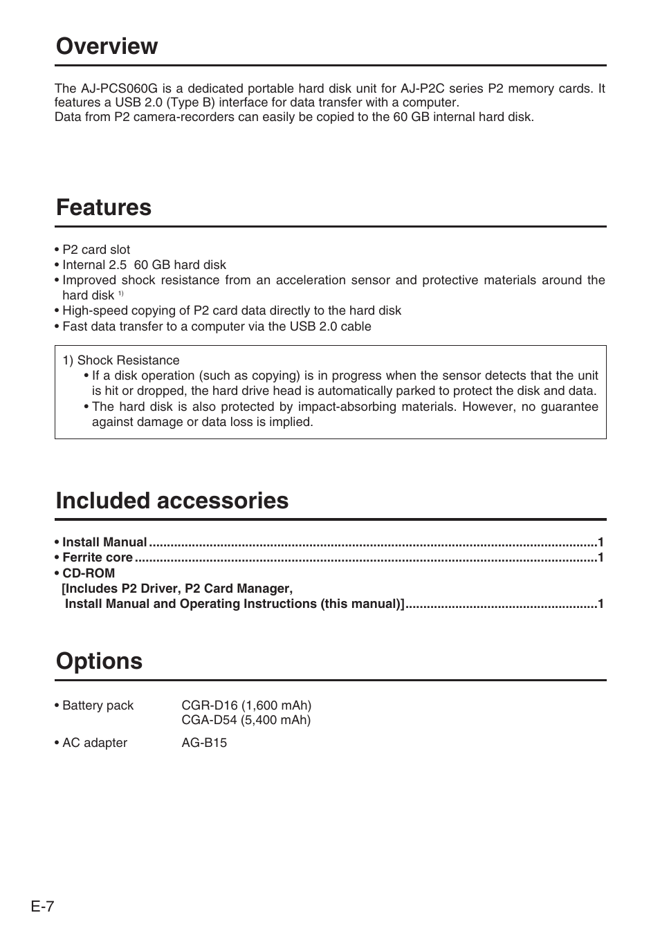 Overview, Features, Included accessories | Options | Panasonic AJ-PCS060G User Manual | Page 8 / 96