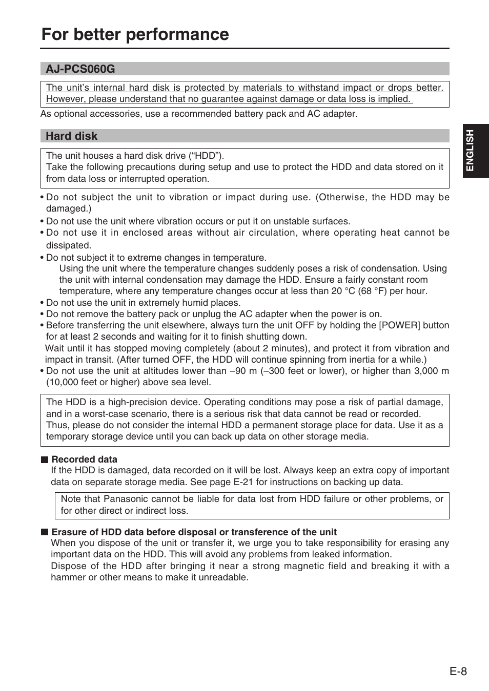 For better performance, Aj-pcs060g, Hard disk | Panasonic AJ-PCS060G User Manual | Page 9 / 96