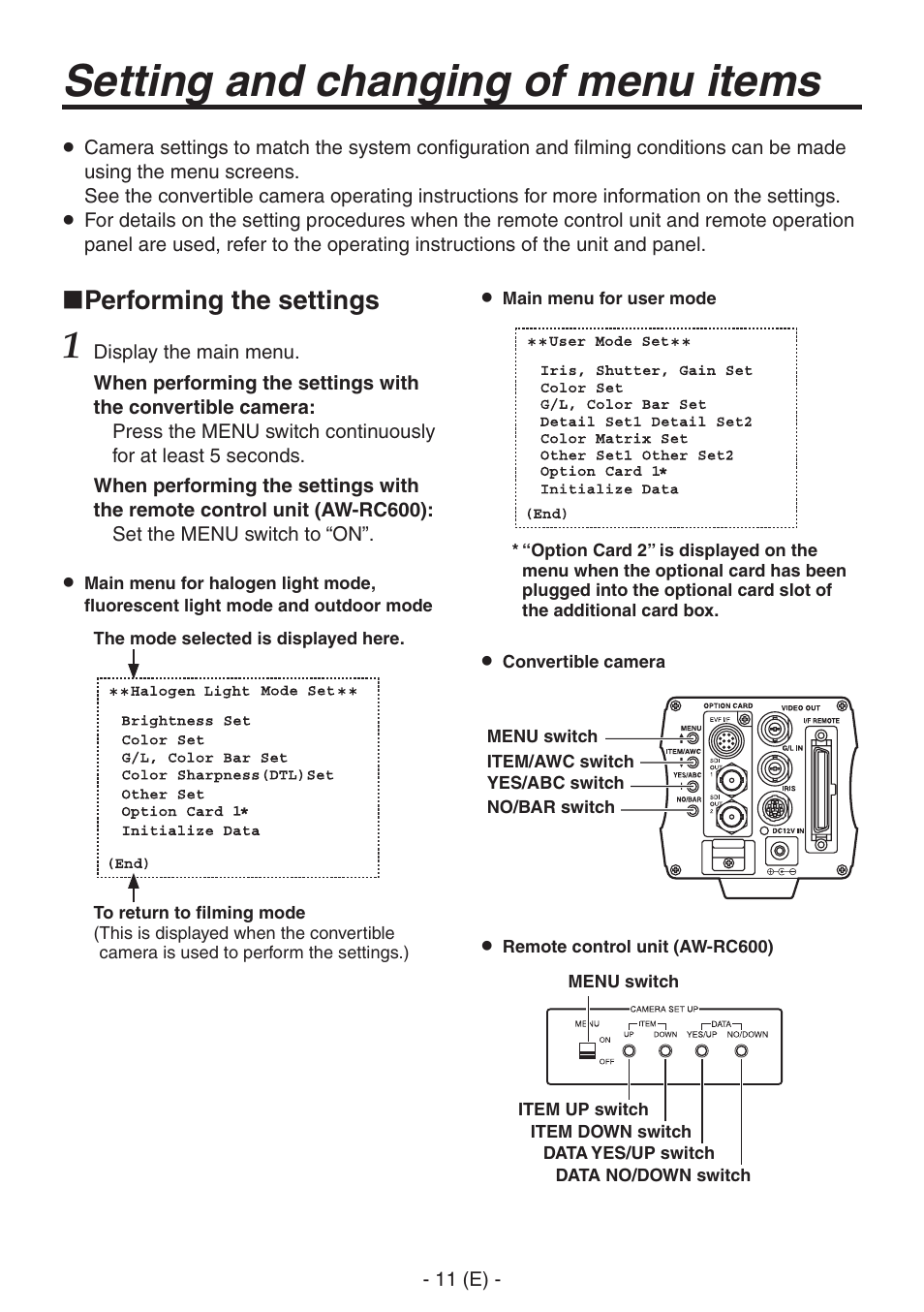 Setting and changing of menu items, Performing the settings | Panasonic AW-PB506AL User Manual | Page 12 / 17