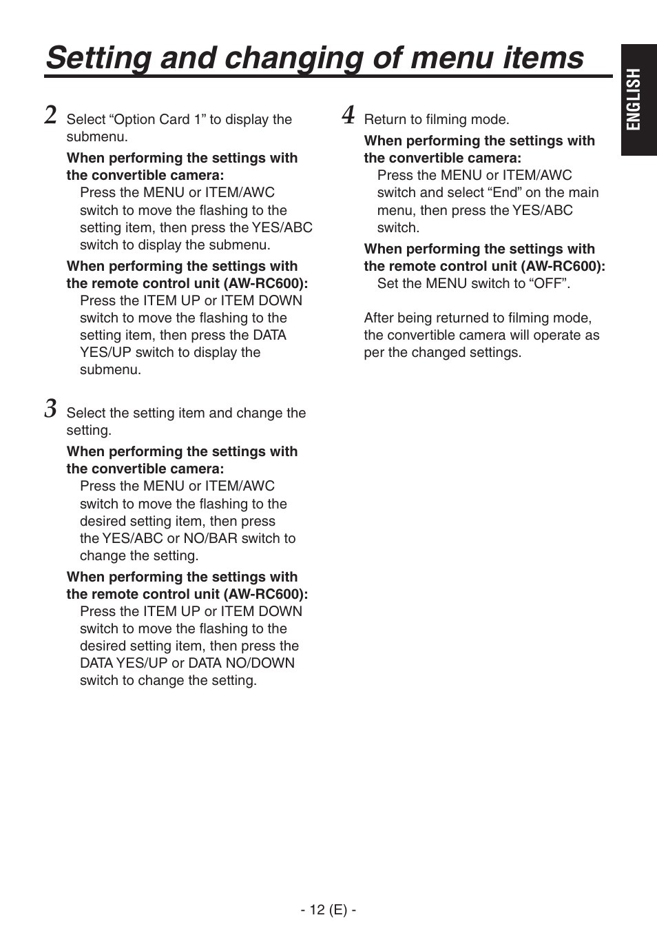 Setting and changing of menu items, Performing the settings | Panasonic AW-PB506AL User Manual | Page 13 / 17