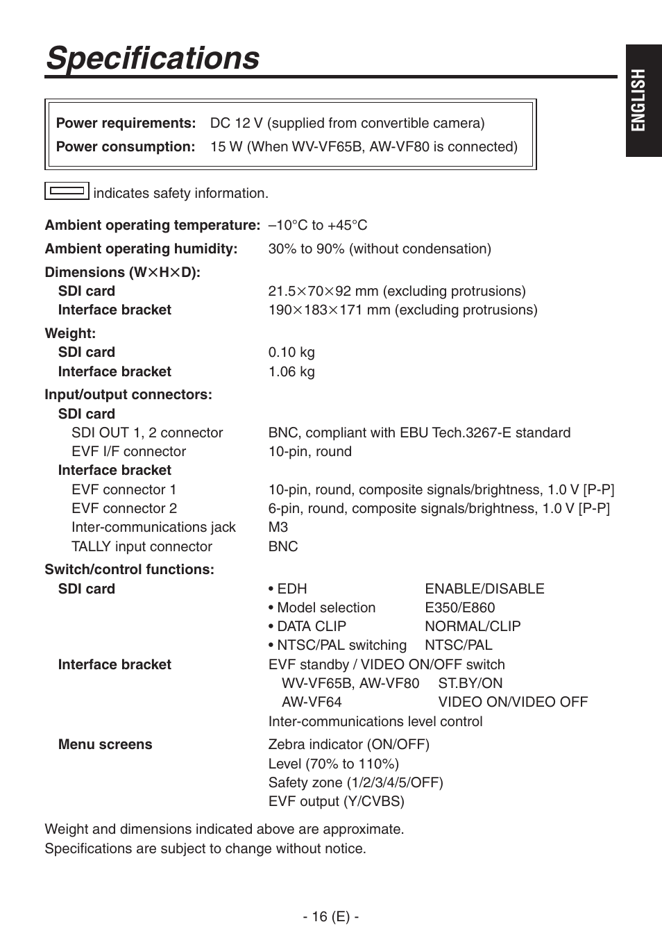 Specifications, English | Panasonic AW-PB506AL User Manual | Page 17 / 17