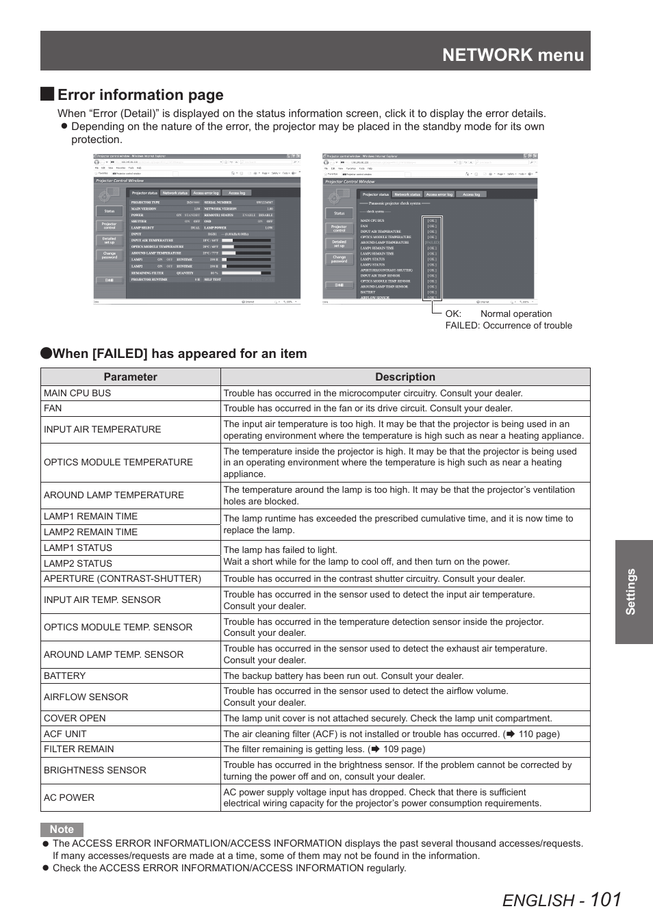 Network menu, English, Error information page | When [failed] has appeared for an item | Panasonic PT-DW90XE User Manual | Page 101 / 130