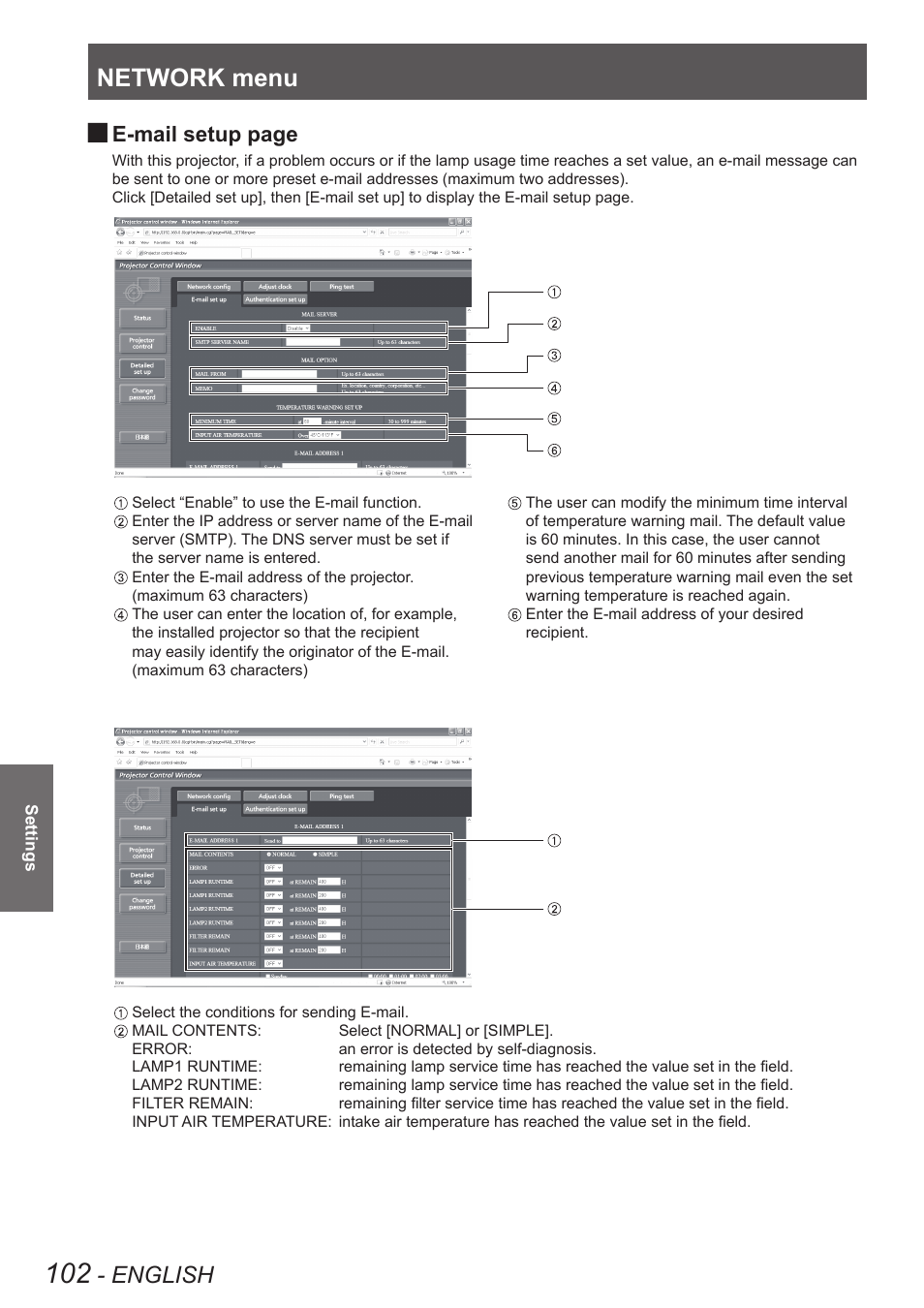 Network menu, English, E-mail setup page | Panasonic PT-DW90XE User Manual | Page 102 / 130