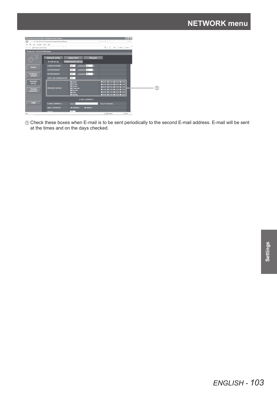 Network menu | Panasonic PT-DW90XE User Manual | Page 103 / 130