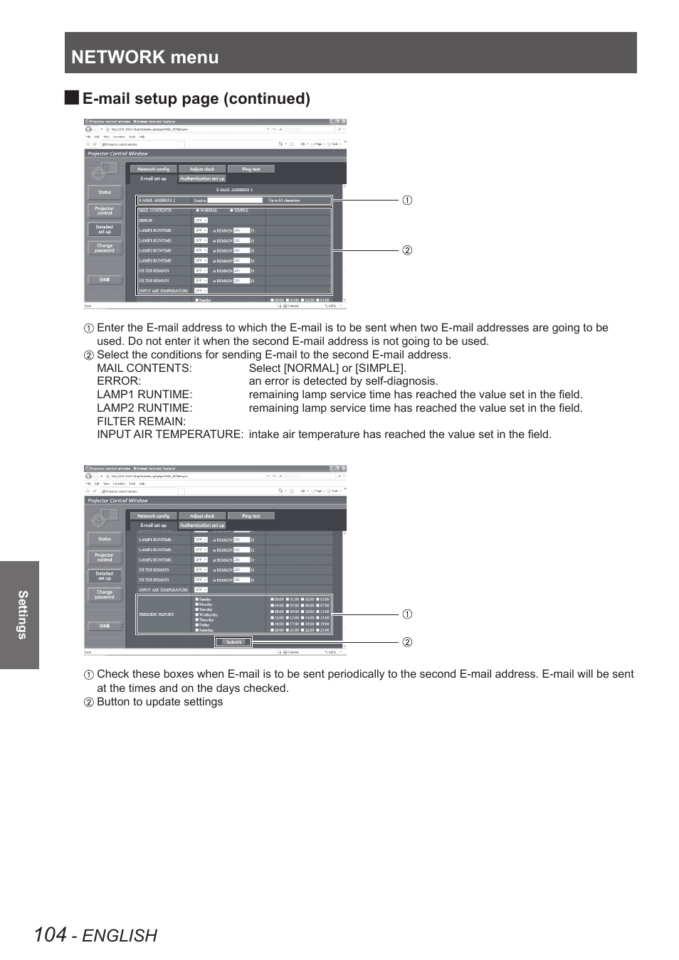 Network menu, English, E-mail setup page (continued) | Panasonic PT-DW90XE User Manual | Page 104 / 130