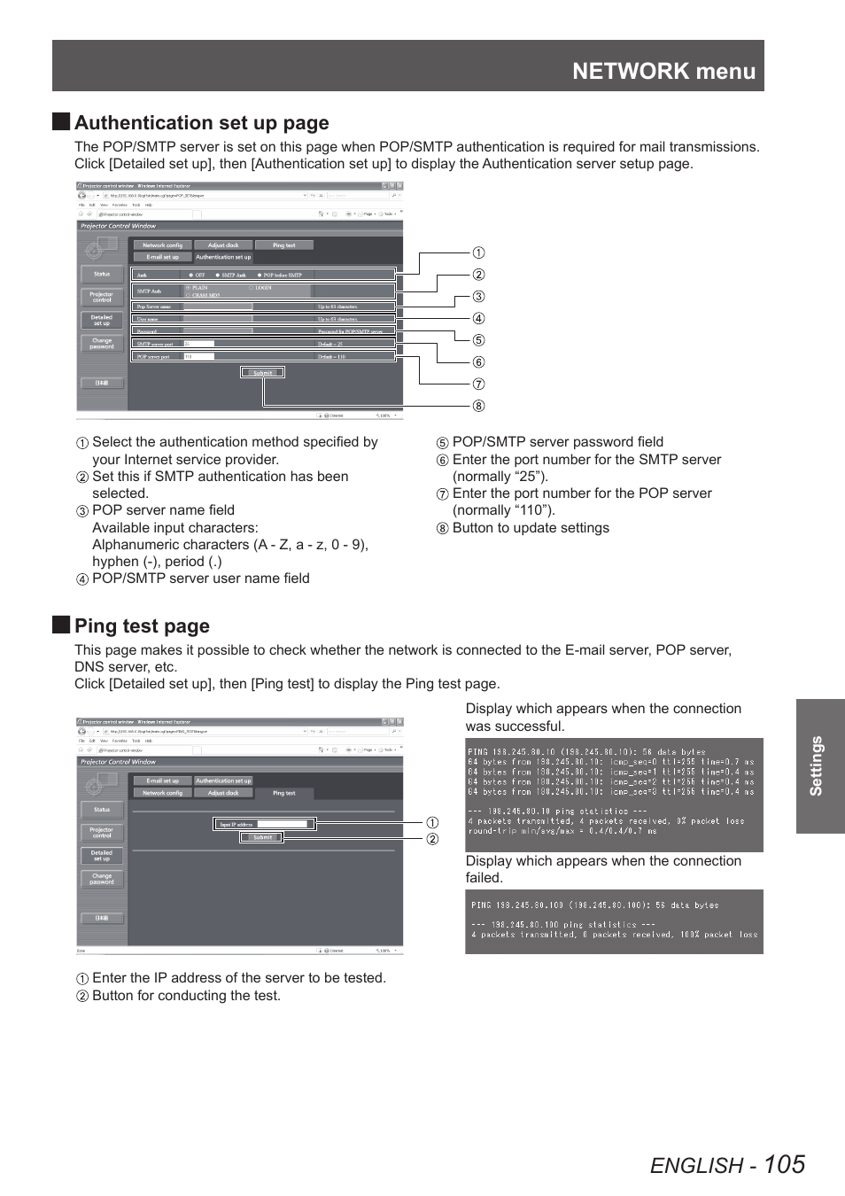 Network menu, English, Authentication set up page | Ping test page | Panasonic PT-DW90XE User Manual | Page 105 / 130