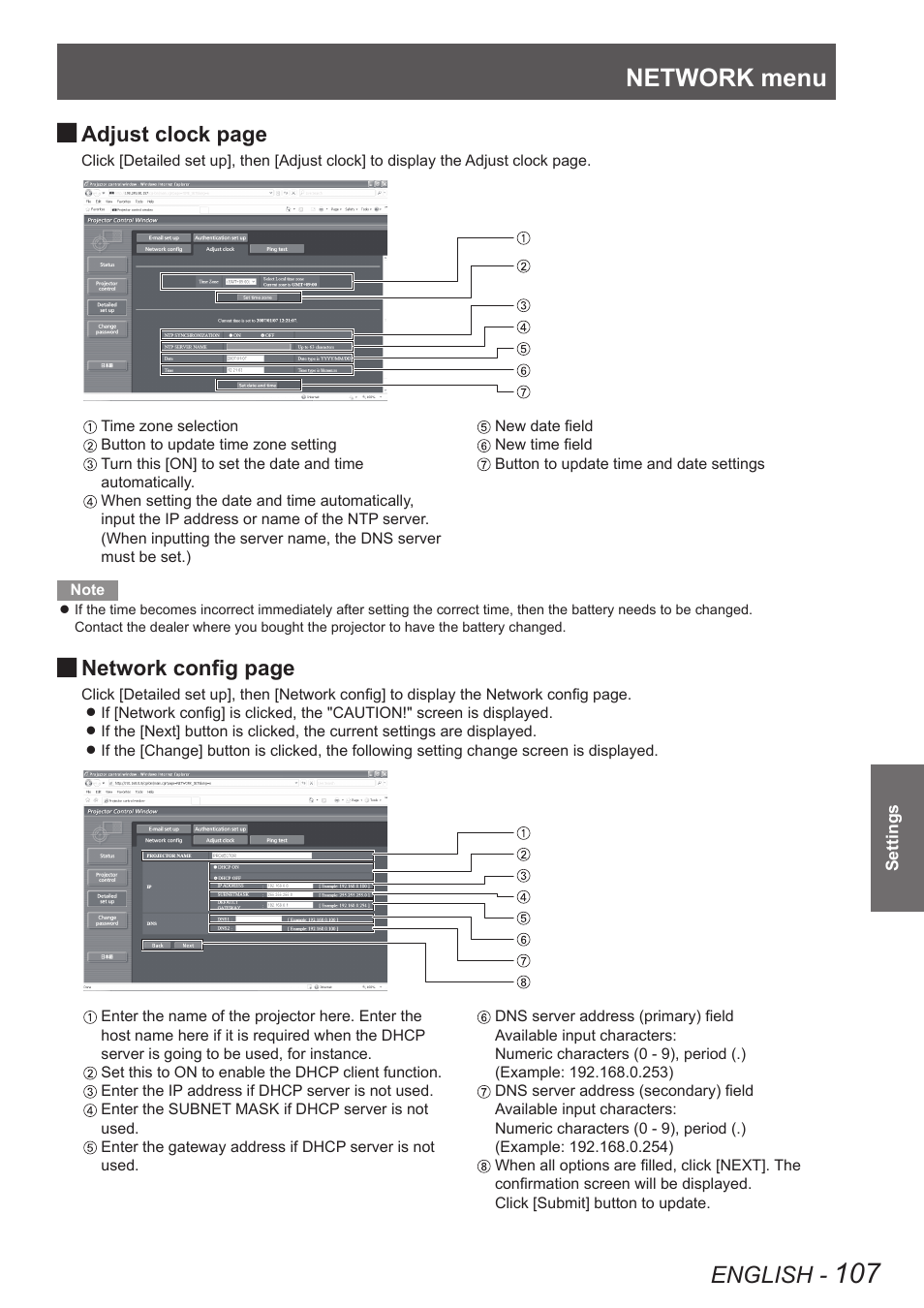 Network, Network menu, English | Adjust clock page, Network config page | Panasonic PT-DW90XE User Manual | Page 107 / 130