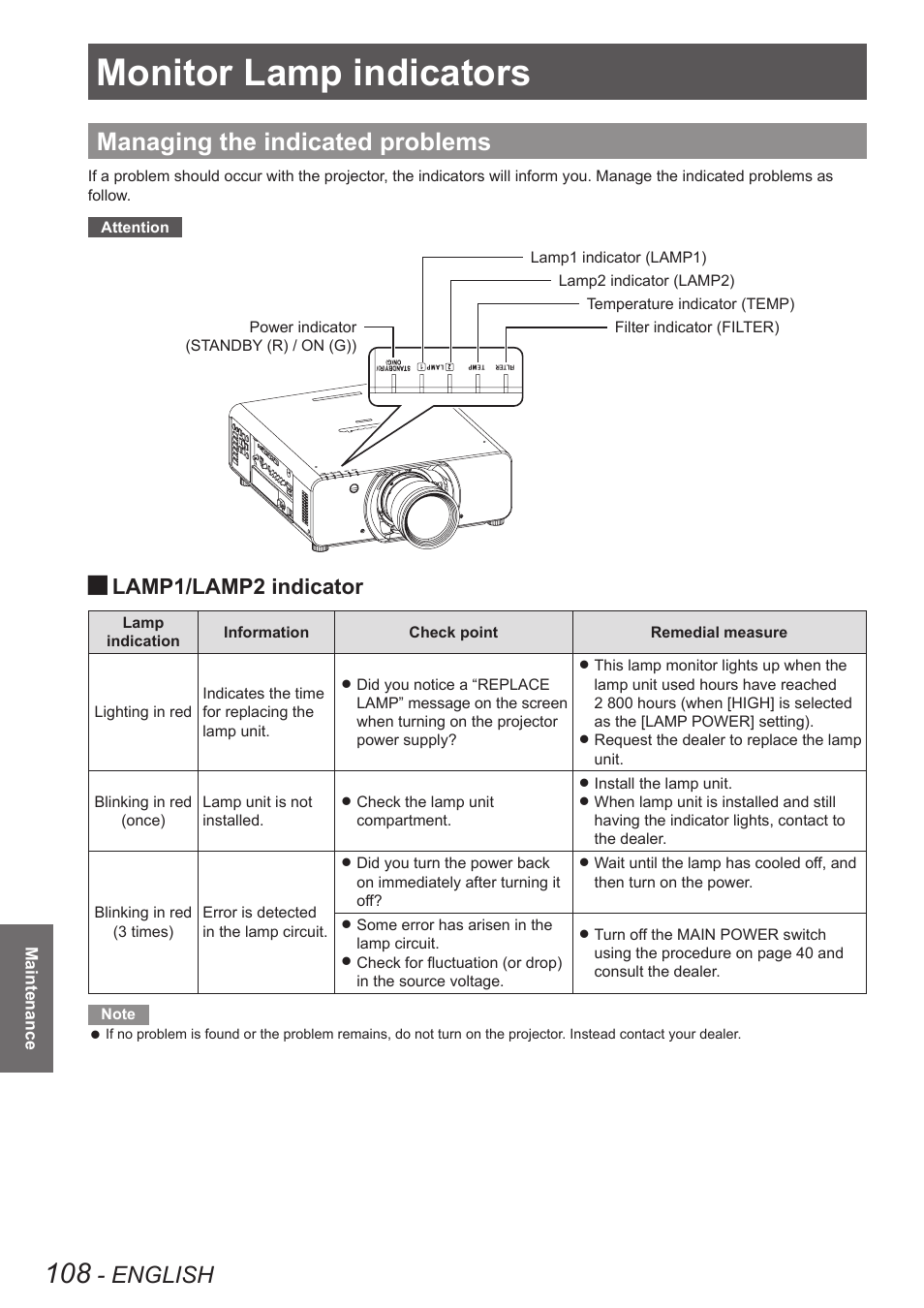 Maintenance, Monitor lamp indicators, Managing the indicated problems | Indicates the lamp2 unit status, Indicates the lamp1 unit status, English, Lamp1/lamp2 indicator | Panasonic PT-DW90XE User Manual | Page 108 / 130