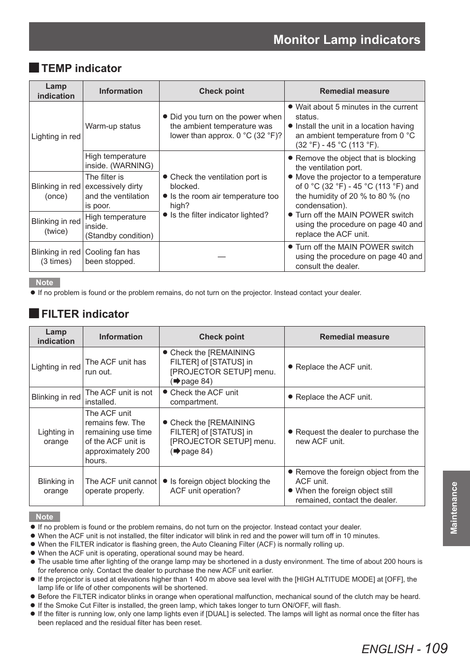 The filter remaining is getting less, Monitor lamp indicators, English | Temp indicator, Filter indicator | Panasonic PT-DW90XE User Manual | Page 109 / 130