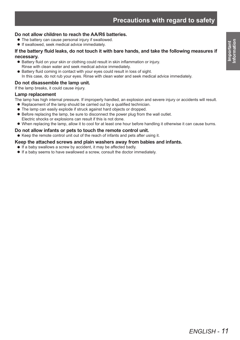 Precautions with regard to safety, English | Panasonic PT-DW90XE User Manual | Page 11 / 130