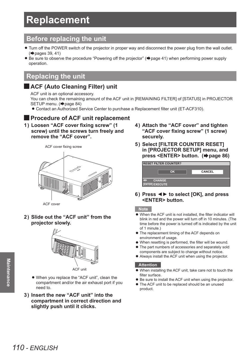 Replacement, Before replacing the unit, Replacing the unit | Before replacing the unit replacing the unit, Procedure of acf unit, English, Acf (auto cleaning filter) unit, Procedure of acf unit replacement | Panasonic PT-DW90XE User Manual | Page 110 / 130