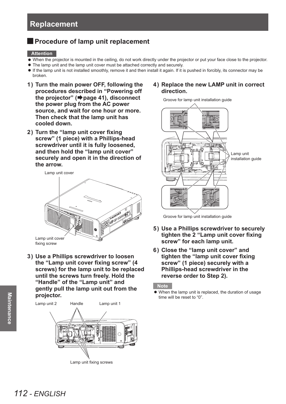 Replacement, English, Procedure of lamp unit replacement | Panasonic PT-DW90XE User Manual | Page 112 / 130