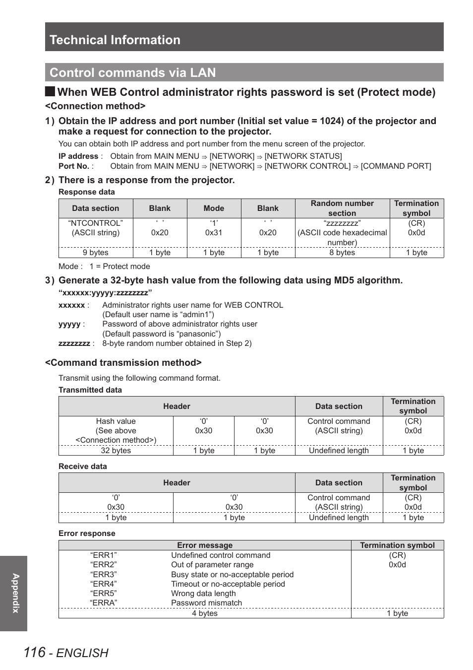 Control commands via lan, Technical information, English | Panasonic PT-DW90XE User Manual | Page 116 / 130