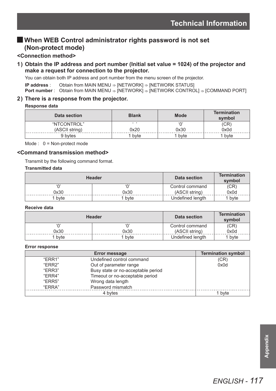 Technical information, English, Non-protect mode) | Panasonic PT-DW90XE User Manual | Page 117 / 130