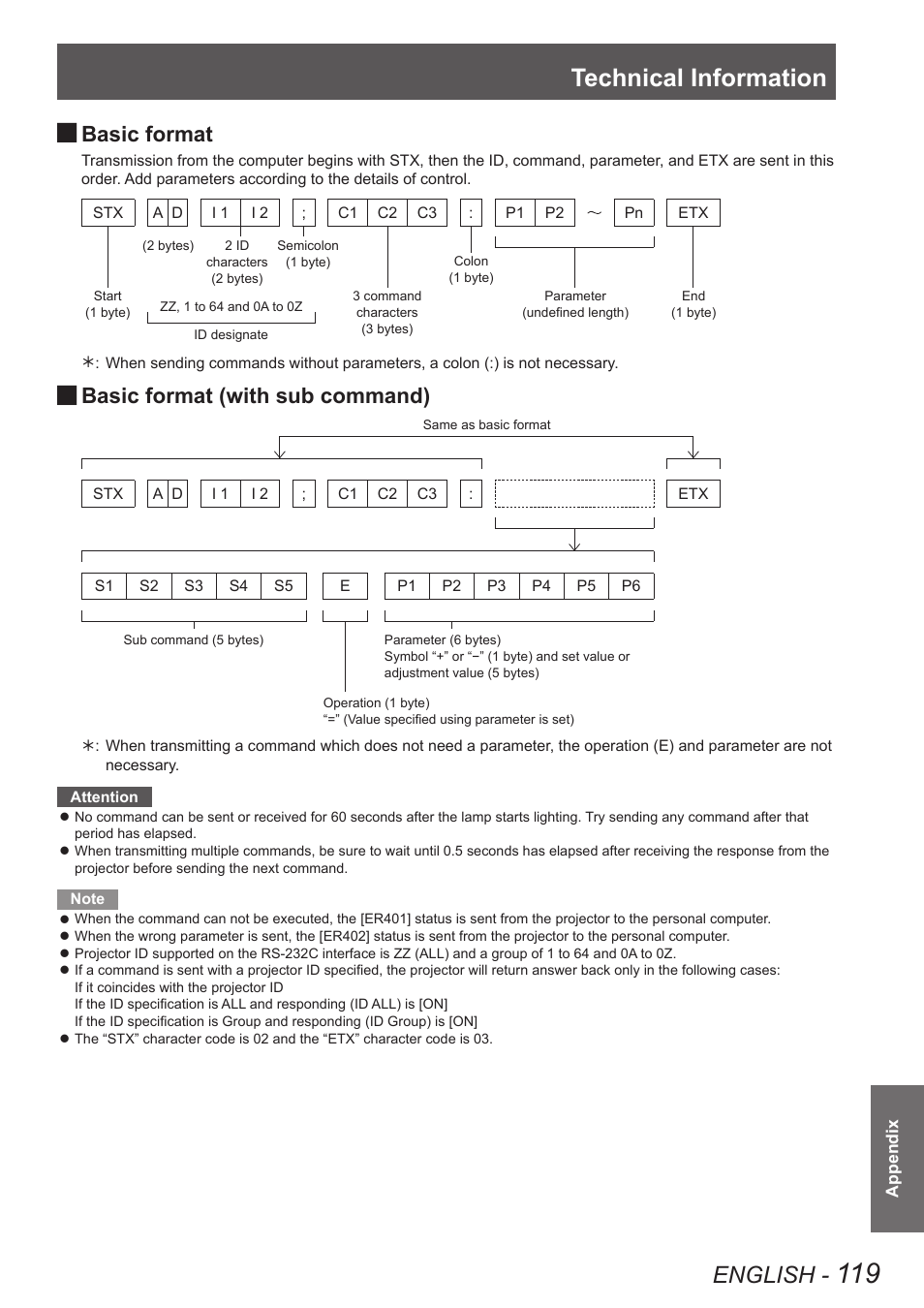 Technical information, English, Basic format | Basic format (with sub command) | Panasonic PT-DW90XE User Manual | Page 119 / 130