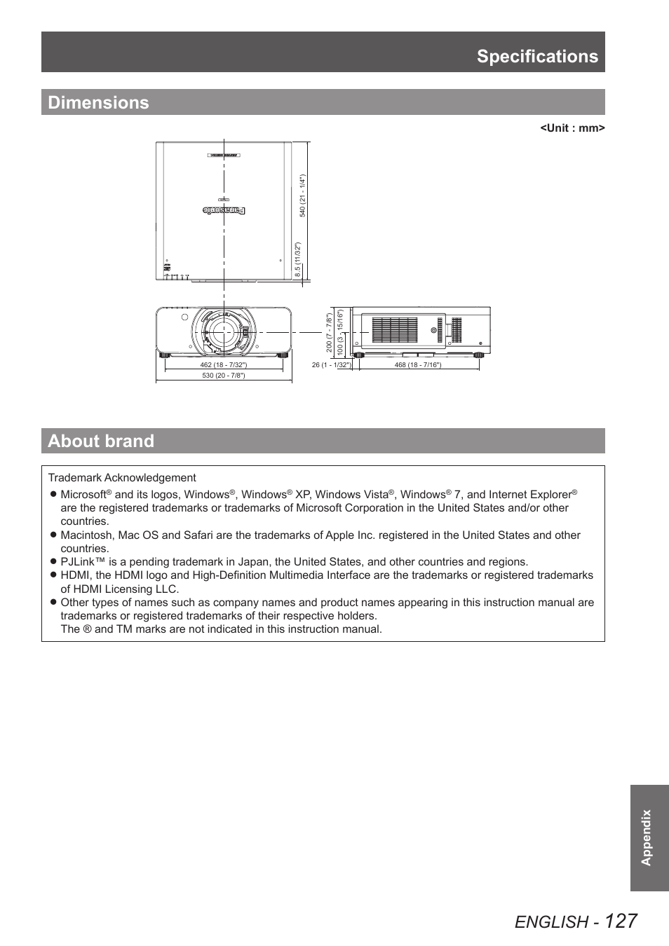 Dimensions, About brand, Dimensions about brand | Specifications, English | Panasonic PT-DW90XE User Manual | Page 127 / 130