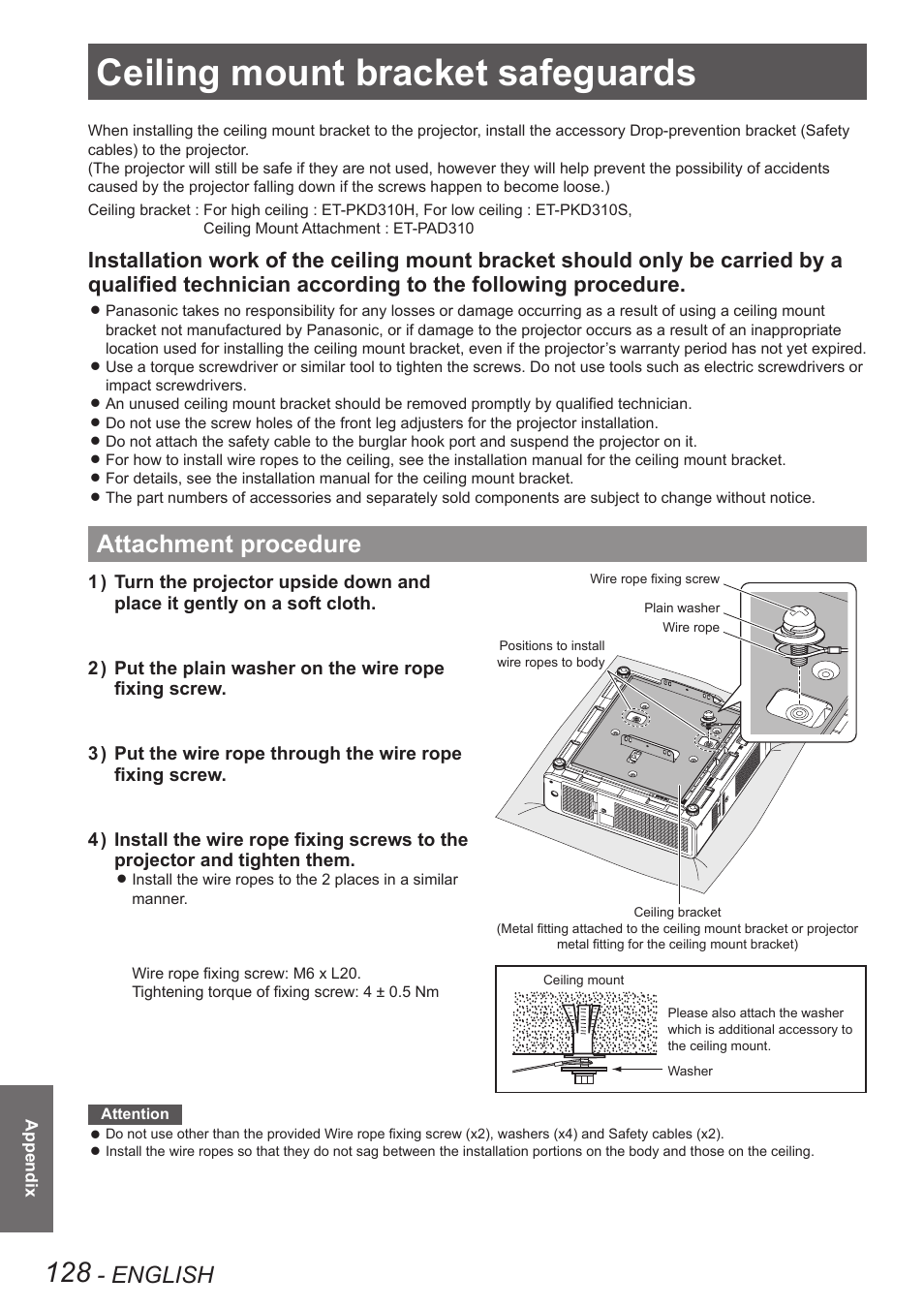 Ceiling mount bracket safeguards, Attachment procedure, English | Panasonic PT-DW90XE User Manual | Page 128 / 130