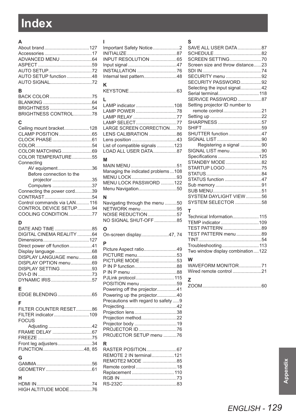 Index, English | Panasonic PT-DW90XE User Manual | Page 129 / 130