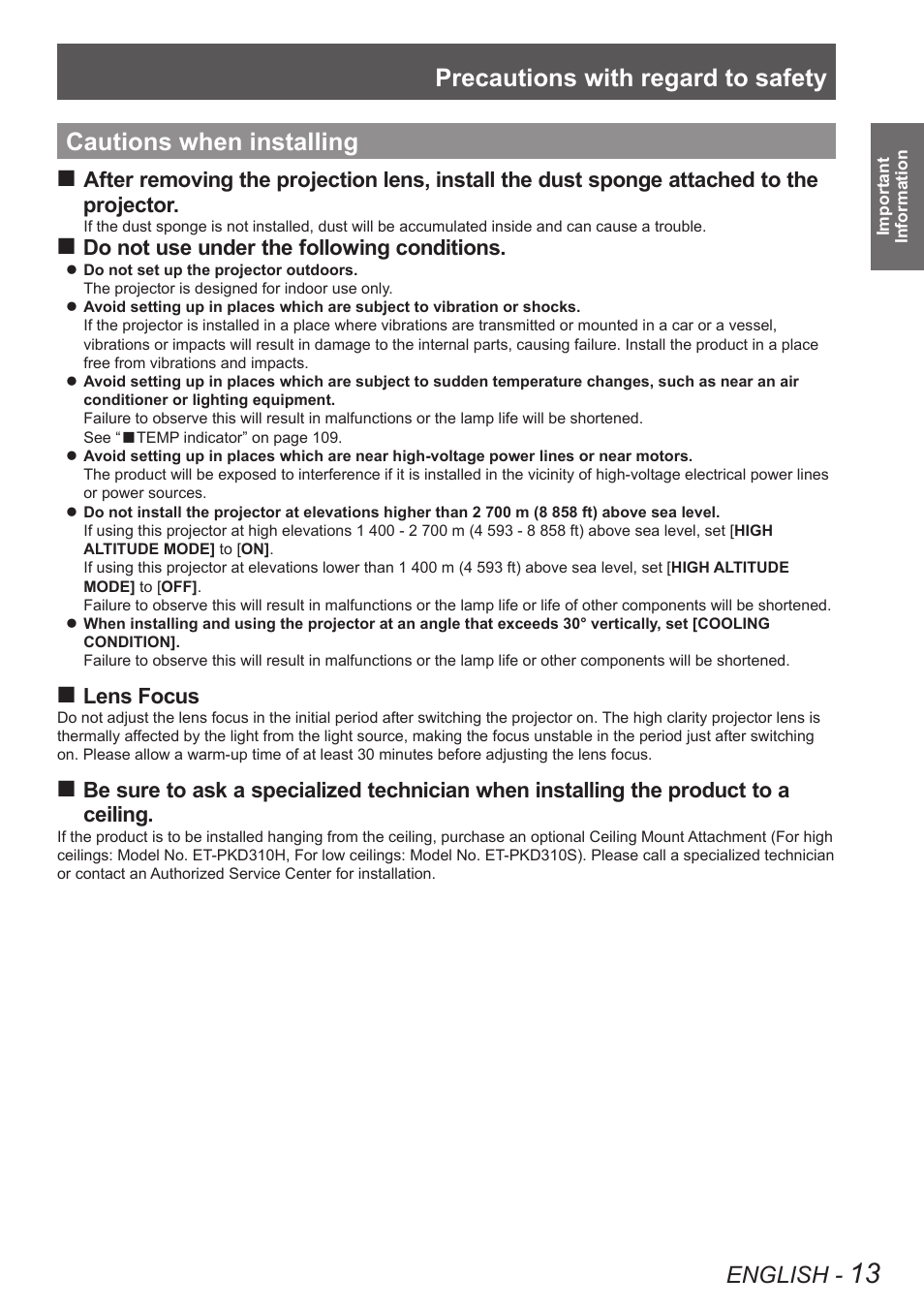 Cautions when installing, Precautions with regard to safety, English | Do not use under the following conditions, Lens focus | Panasonic PT-DW90XE User Manual | Page 13 / 130
