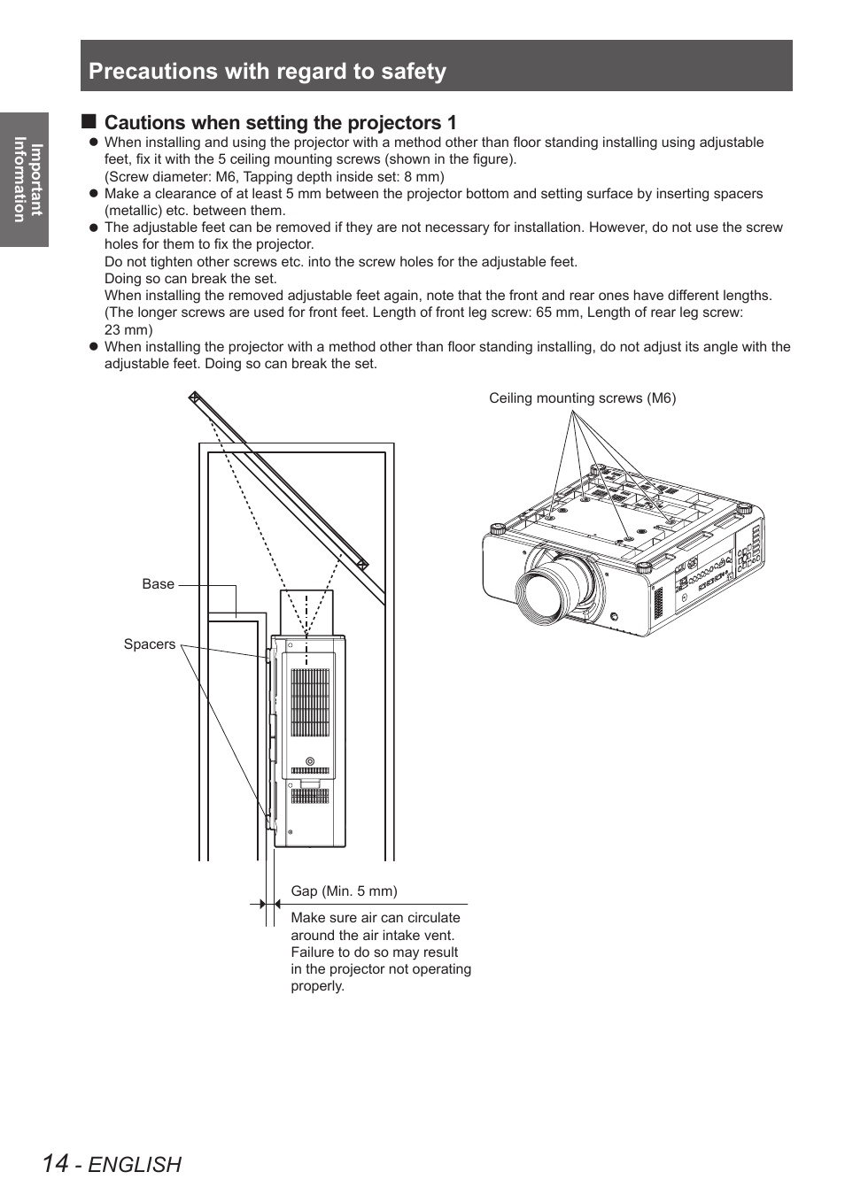 Precautions with regard to safety, English, Cautions when setting the projectors 1 | Panasonic PT-DW90XE User Manual | Page 14 / 130