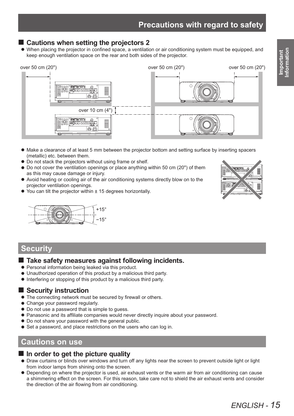 Security, Cautions on use, Security cautions on use | Precautions with regard to safety, English, Cautions when setting the projectors 2, Take safety measures against following incidents, Security instruction | Panasonic PT-DW90XE User Manual | Page 15 / 130