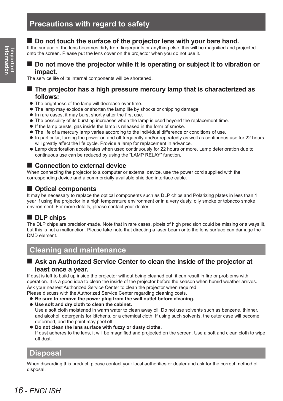 Cleaning and maintenance, Disposal, Cleaning and maintenance disposal | Precautions with regard to safety, English, Connection to external device, Optical components, Dlp chips | Panasonic PT-DW90XE User Manual | Page 16 / 130