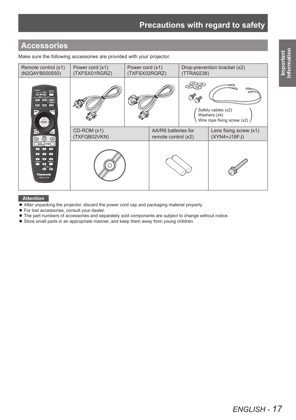 Accessories, Precautions with regard to safety, English | Panasonic PT-DW90XE User Manual | Page 17 / 130