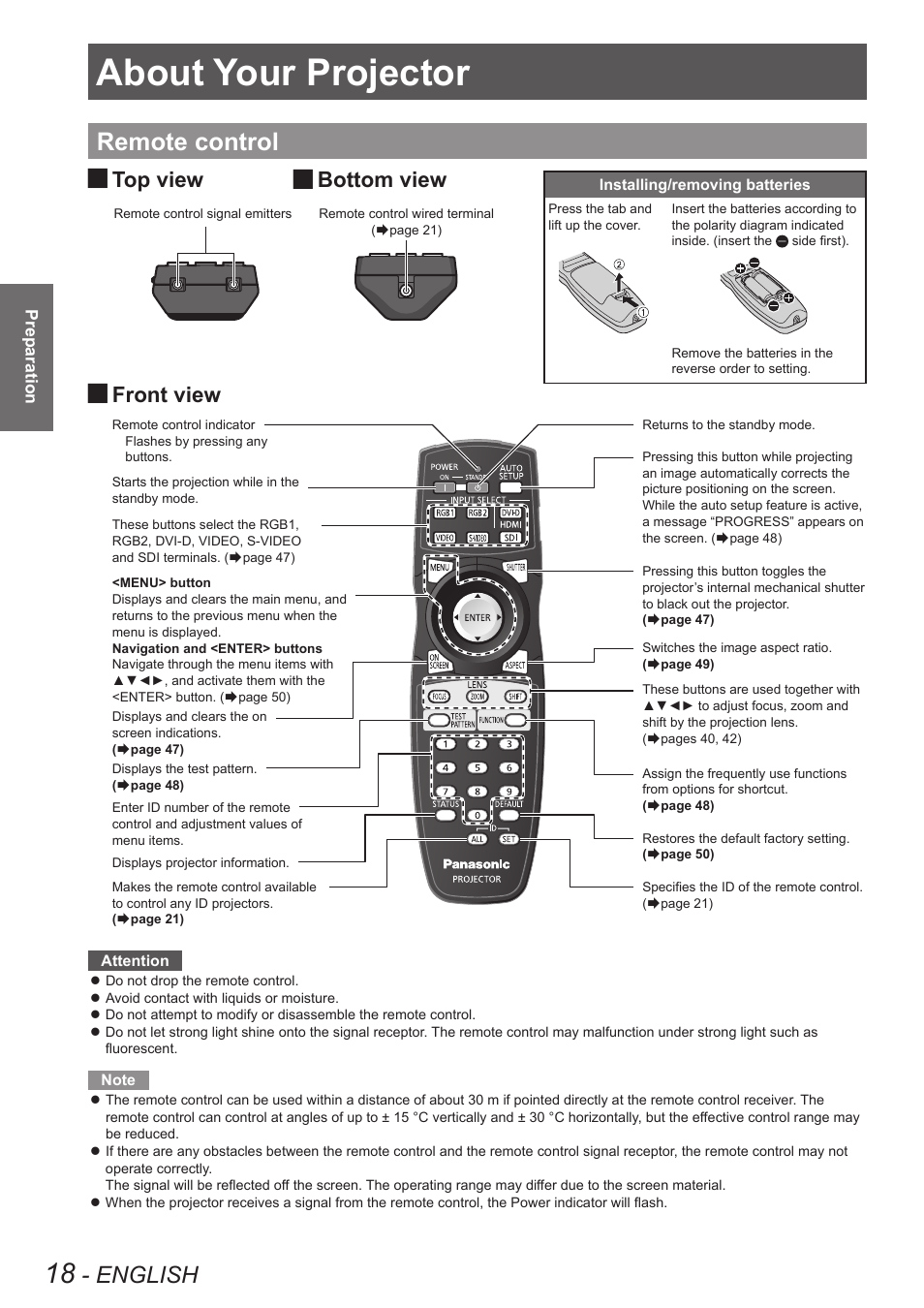 Preparation, About your projector, Remote control | English, Top view front view, Bottom view | Panasonic PT-DW90XE User Manual | Page 18 / 130