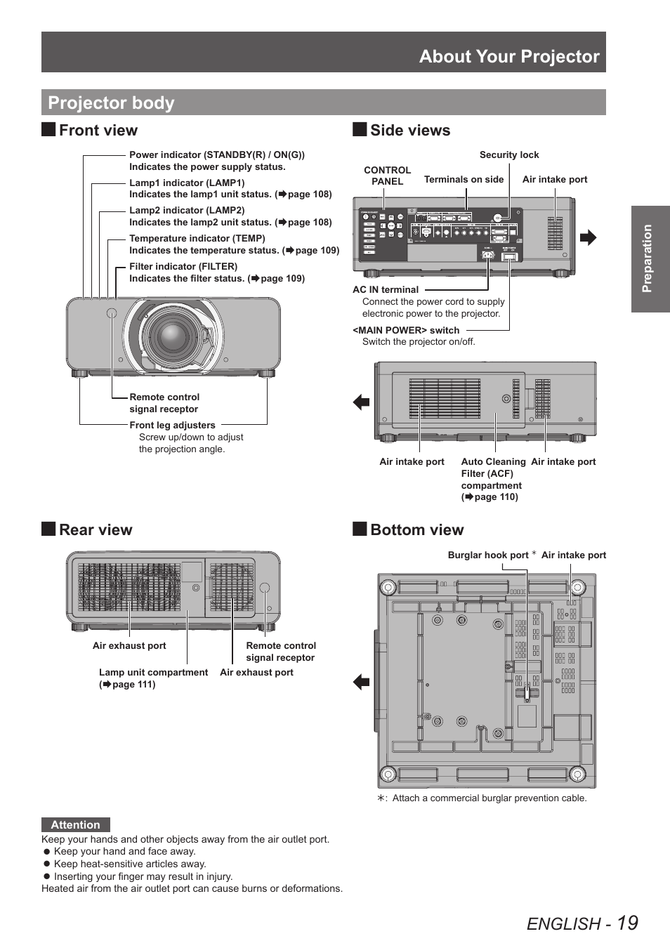 Projector body, About your projector, English | Front view side views, Rear view bottom view | Panasonic PT-DW90XE User Manual | Page 19 / 130