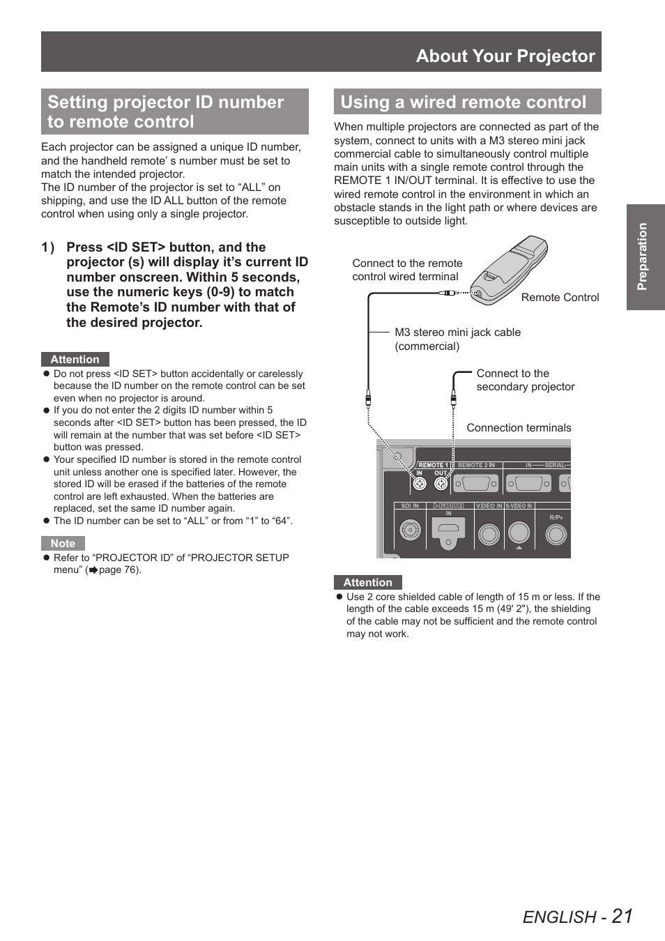 Setting projector id number to remote control, Using a wired remote control, About your projector | English | Panasonic PT-DW90XE User Manual | Page 21 / 130