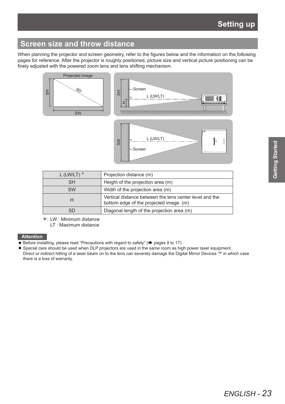 Screen size and throw distance, Setting up, English | Panasonic PT-DW90XE User Manual | Page 23 / 130