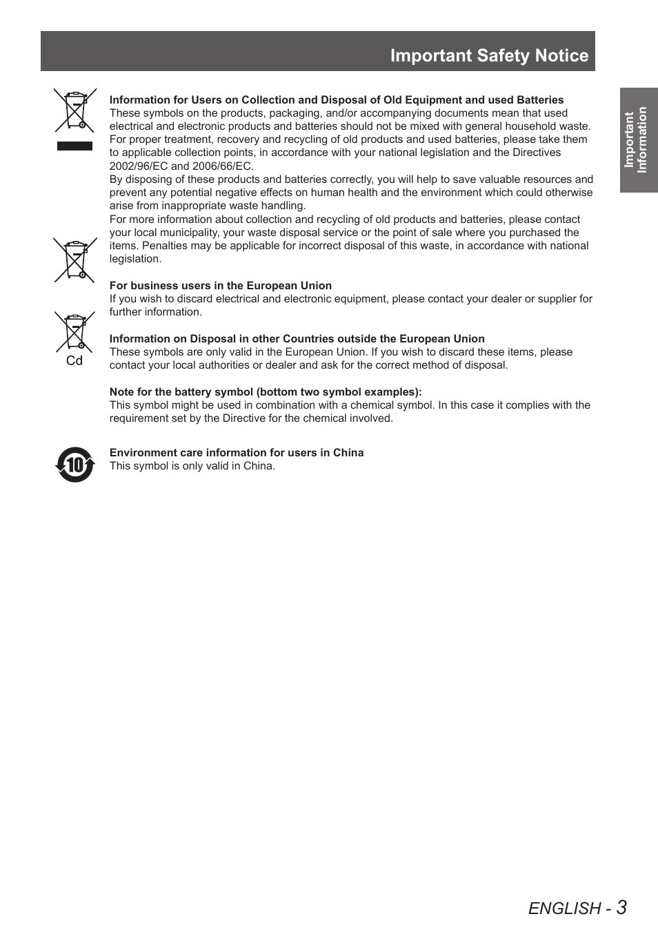 Important safety notice, English | Panasonic PT-DW90XE User Manual | Page 3 / 130