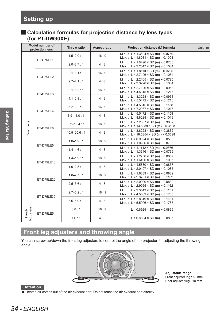 Front leg adjusters and throwing angle, Setting up, English | For pt-dw90xe) | Panasonic PT-DW90XE User Manual | Page 34 / 130